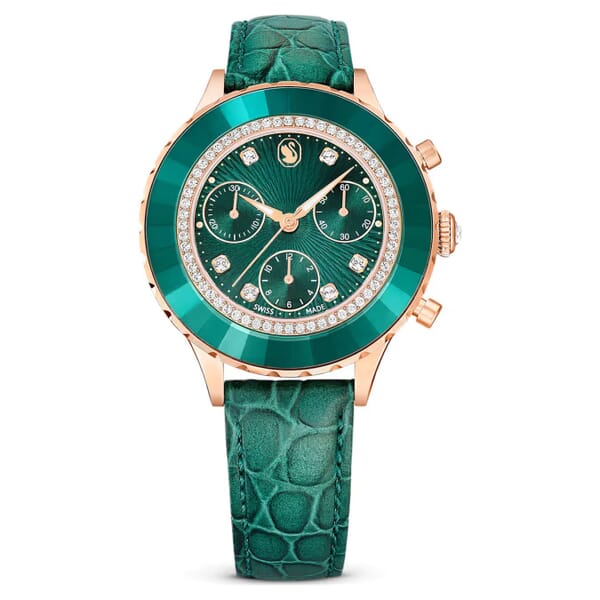 Swarovski klokke Octea Chrono watch Swiss Made, Leather strap, Green, Rose gold-tone finish - 5672931