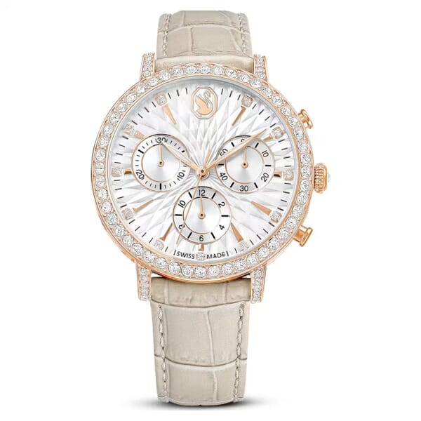 Swarovski klokke Matrix Tennis Chrono watch, Swiss Made, Leather strap, Beige, Rose gold-tone finish - 5702849