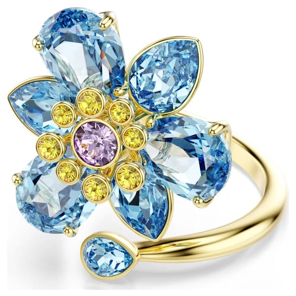 Swarovski Idyllia open ring Mixed cuts, Flower, Blue, Gold-tone plated - 5721591