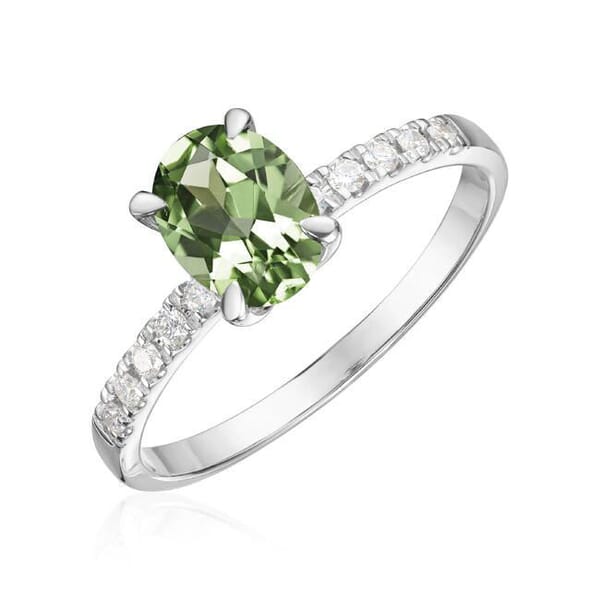 Gullring Olivia i hvitt gull med oval midtstein grønn turmalin og 0,12ct W-Si sidesteiner - 57457 Gullring Olivia i hvitt gull med oval midtstein grønn turmalin og 0,12ct W-Si sidesteiner - 57457