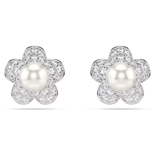 Swarovski øredobber Ariana Grande x Swarovski stud earrings Crystal Pearl, Round cut, Flower, White, Rhodium plated - 5756098