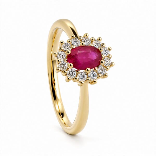 Diamantring i gult gull 14 kt med oval rubin og diamanter 0,24 ct W-Si - bur573236r